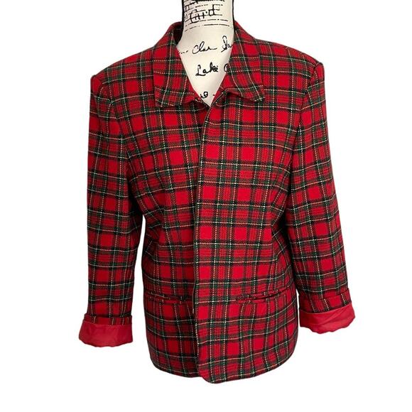 Vintage 1990s Tartan Plaid Blazer Jacket Zip Front Red Christmas Winter Festive - Picture 1 of 14